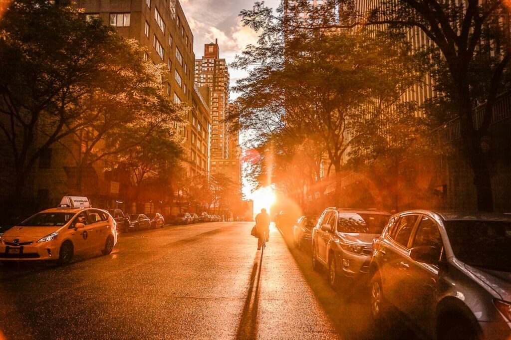 Sunset down a street in Manhattan New York City